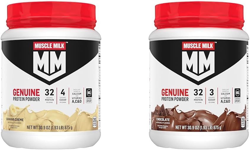 Muscle Milk Originele Proteïne Poeder Bundle, Banana Crème 1,93 Pond 12 Serveert 32g Proteïne en Chocolade 1,93 Pond 12 Serveert 32g Proteïne