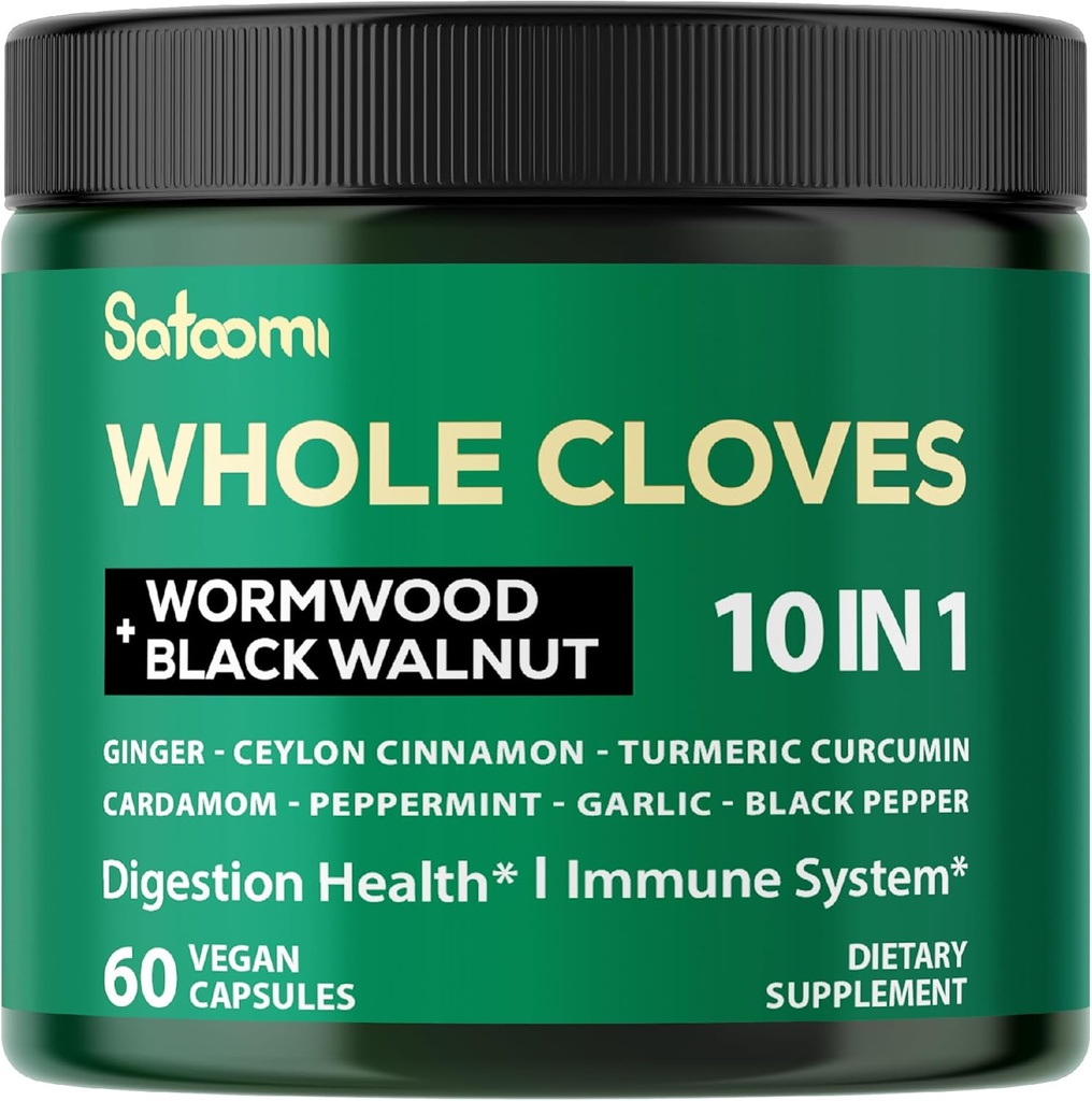 Satoomi 10in1 Kruidsupplement rijk aan vitamines en mineralen voor spijsverterings-, immuunsysteem, bot- en hartgezondheid met wormhout, zwarte walnoot, kaneel, kurkuma, gember, kardemom - 60 capsules