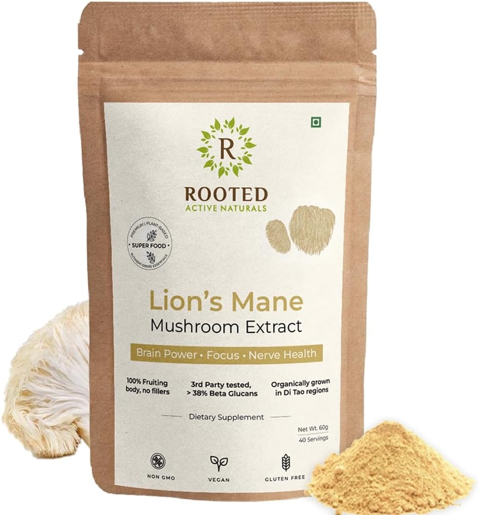 ROOTED Active's, Lions Mane Mushroom Extract Powder (gecertificeerd biologisch, 38% Geverifieerd Beta Glucans . Cognition, Clarity, Focus & Mood, Brain Health Support (2.11 Ounce)