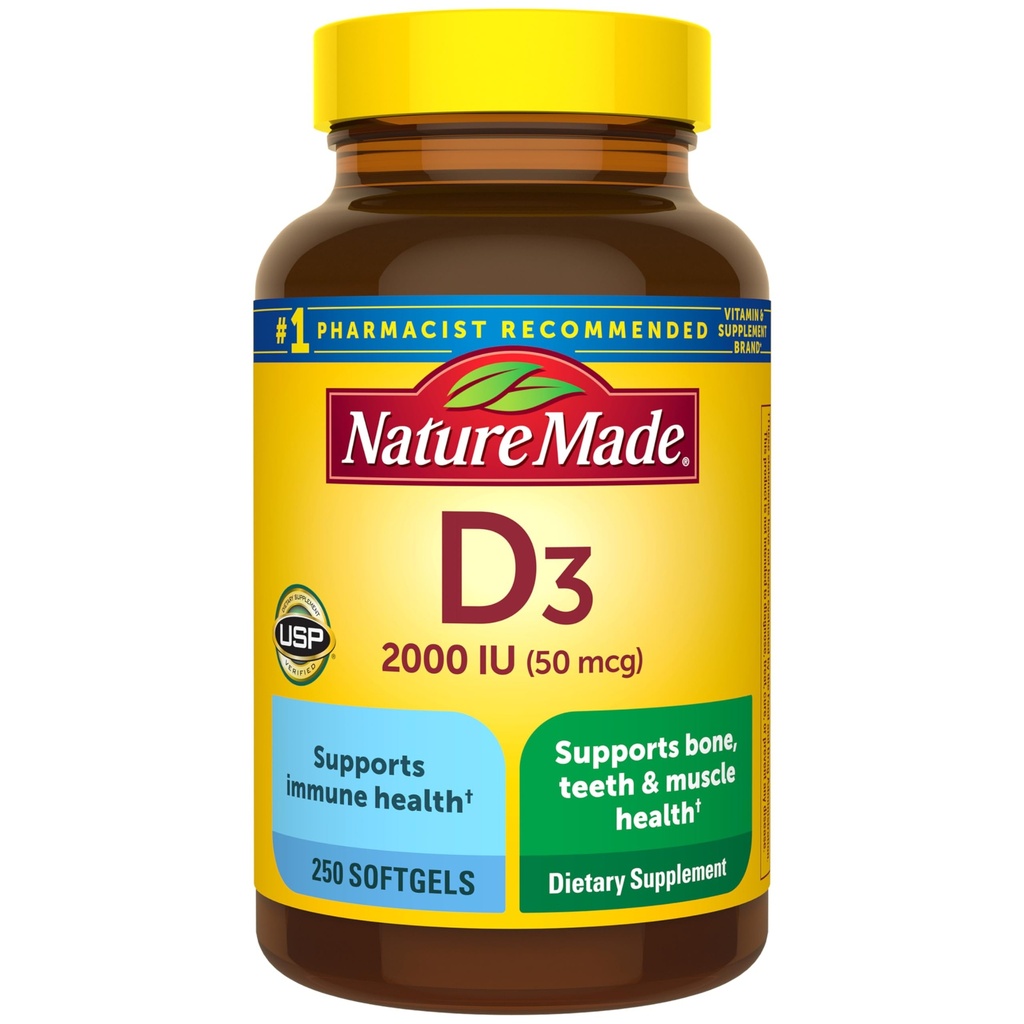Nature Made Vitamin D3 2000 IE (50 mcg), Vitamine D supplement voor bot, tanden, spier- en immuungezondheidsondersteuning, 250 Softgels, 250 dagen levering