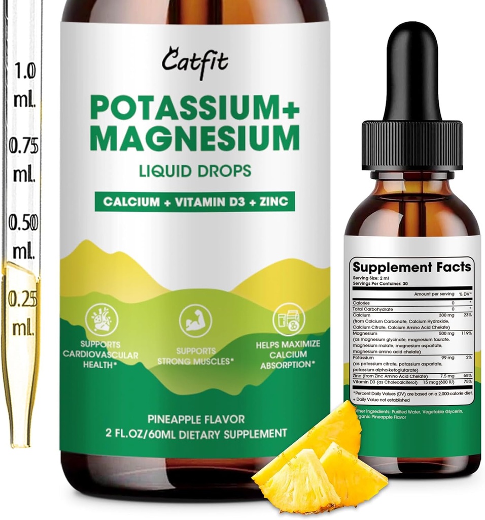 Kalium Magnesium Glycinate Supplement-High Absorptie Magnesium Complex Liquid Drop met Calcium, Kalium, Vitamine D3 & Zink voor Slaap, Leg Kraampen, Spieren en Energie, Suikervrij&Vegan 2 Fl Oz