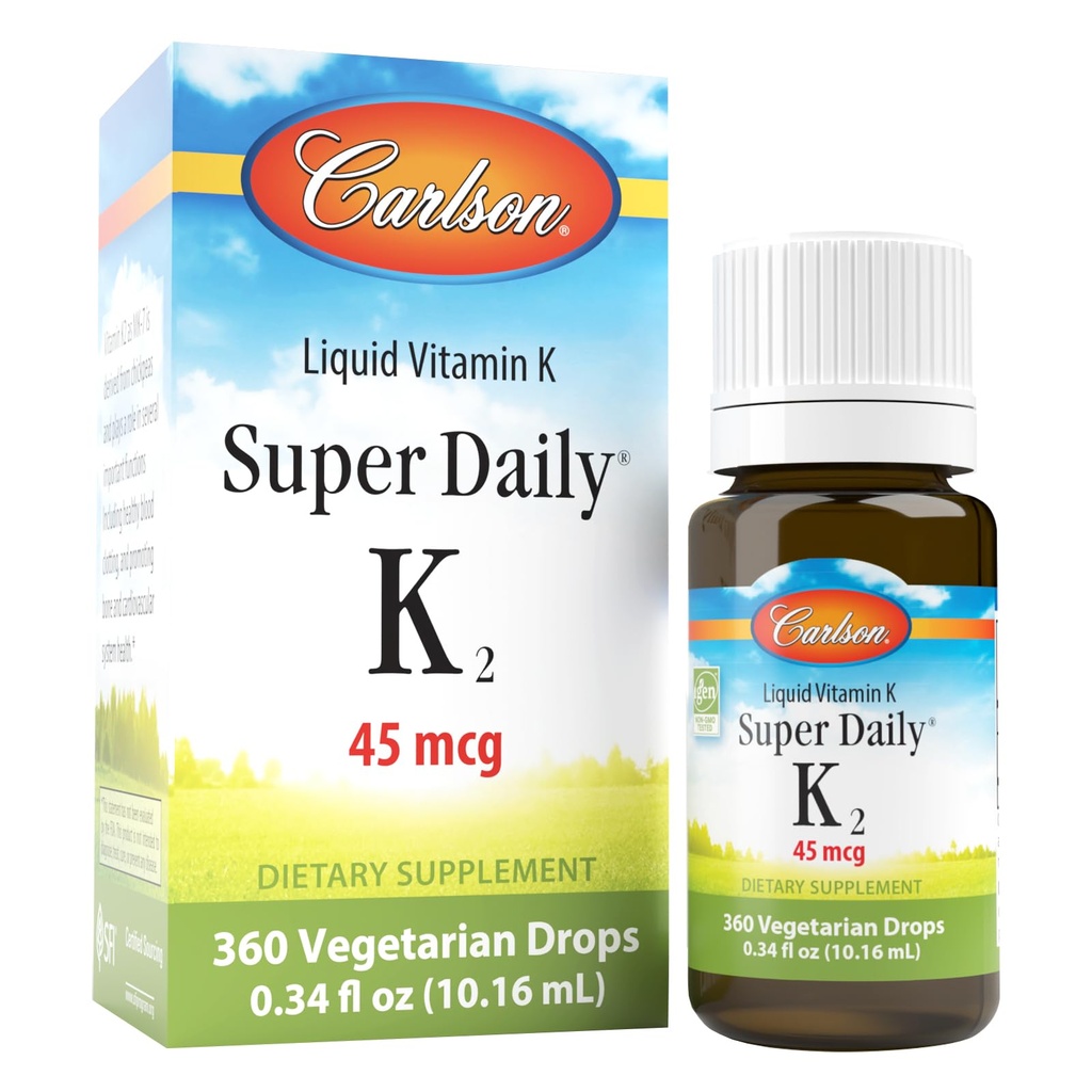 Carlson - Super Daily K2, 45 mcg Liquid Vitamin K, Bone Health, K2 Vitamine, Vitamine K Supplement, Vitamine K-2 MK7, Unflavored, 360 Drops (10,16 ml)