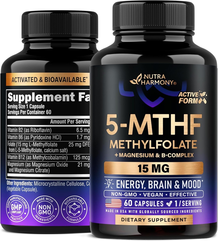 NUTRAHHARMONISY L Methylfolaat 15 mg - 5-MTHF Methylfolaatsupplement Plus Methyl B12, Vitamine B2 & B6, Magnesium - Made in USA, 60 Capsules for 2 Month