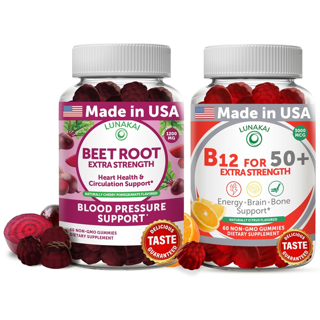 Lunakai Beetwortel en vitamine B12 Gummies voor volwassenen 50 Plus Bundle Eigen antioxidant Blend - Hart & Circulatie Ondersteuning, Energie & vitaliteit Boost, Hoge sterkte