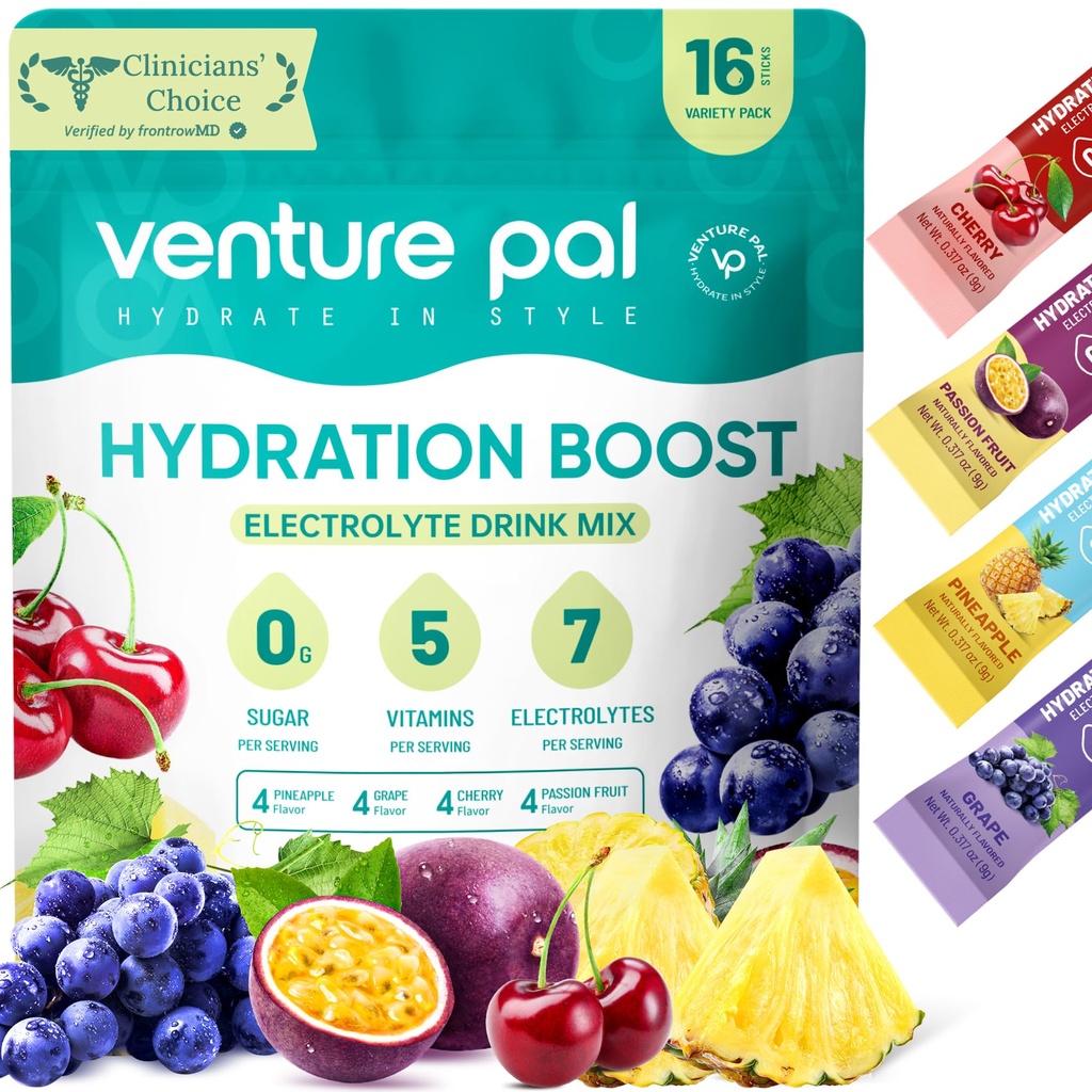 Venture Pal Sugar Free Electrolyte Powder Packets - Liquid Daily IV Drink Mix for Rapid Hydration & Party Recovery | 5 Vitamins & 7 Electrolytes| Keto Friendly | Non-GMO | Certified Vegan | 16 Sticks