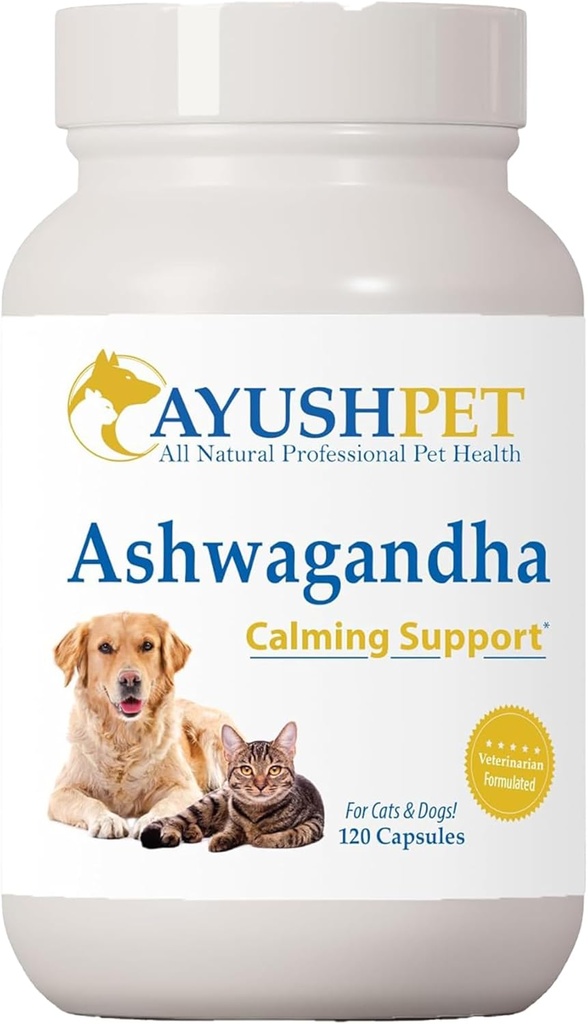 Ayush Pet Ashwagandha Capsules for Dogs & Cats - Organic Ashwagandha Root Extract for Calm and Daily Balance, Adaptogenic Wellness Supplement for Pets, 500mg Per Capsule - 120 Count