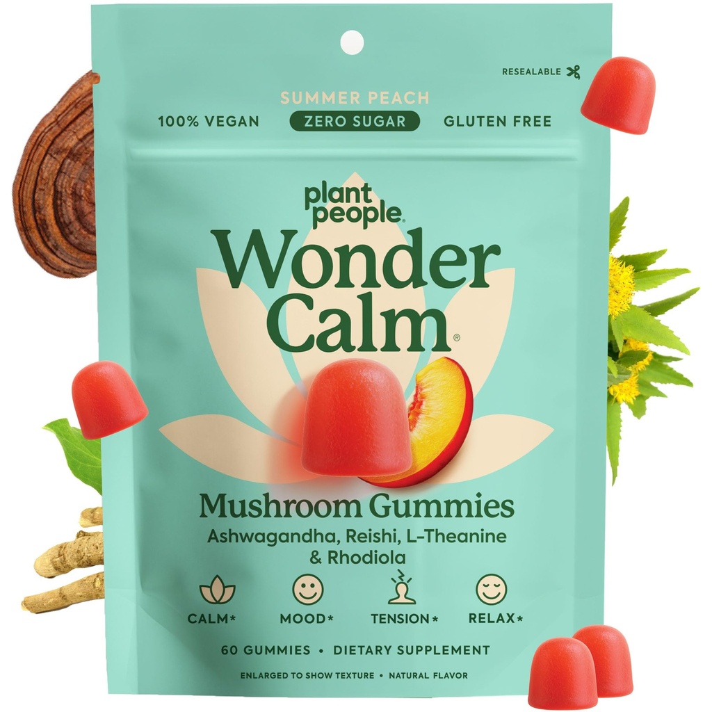 Planten mensen WonderCalm paddo Gummies - Natuurlijke Ashwagandha supplement om stress & Boost Mood voor volwassenen zonder suiker, gluten of kunstmatige kleuren, Vegan-Friendly, Peach Flavor, 60 Tellen