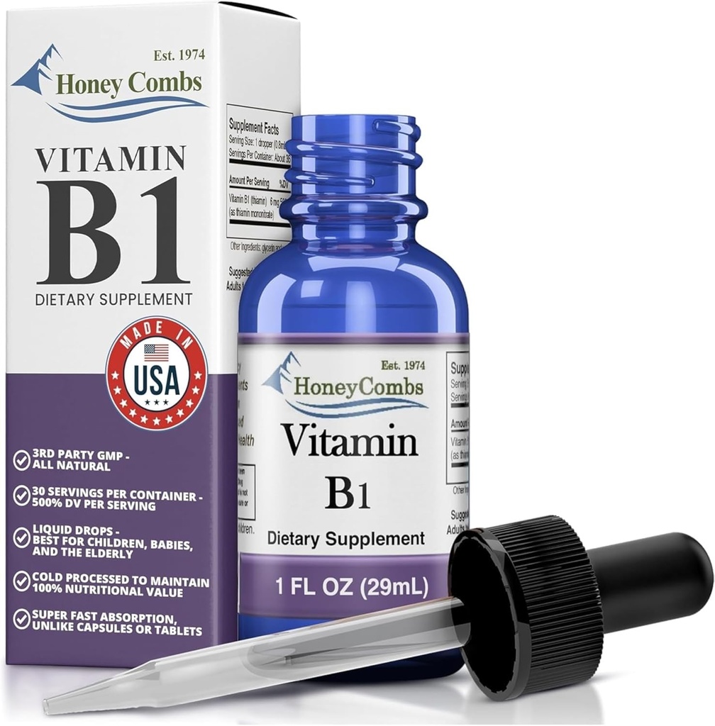 Vitamine B1 Thiamine Liquid Drops - Made in USA - Natural High Potency Fast Absorptie Thiamine B1 Supplement voor mannen, vrouwen en kinderen 
