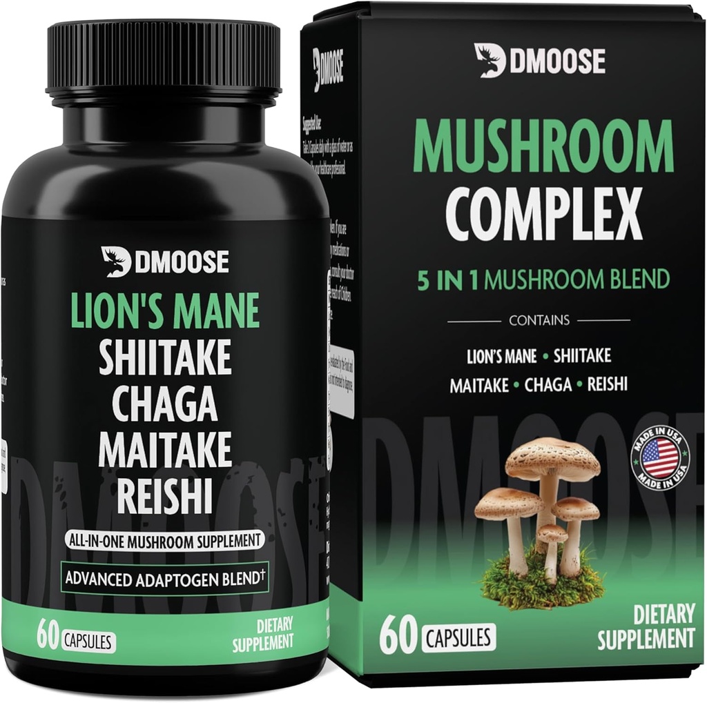 Lions Mane Mushroom Complex - 5300 mg Adaptogenic Blend for Memory, Focus and Immune Support - 5 in 1 Lionsmane, Chaga, Maitake, Shiitake en Reishi Extract, Nootropic Mushroom Supplement Capsules