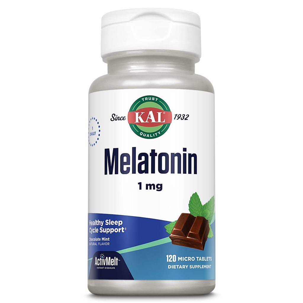 KAL Melatonine 1mg slaaphulp, Melatonine supplement ondersteunt kalmerende ontspanning en een gezonde slaapcyclus, snelle oplossen ActivMelts, natuurlijke chocolademunt smaak, vegetarisch, 120 Serv, 120 Micro Tabs