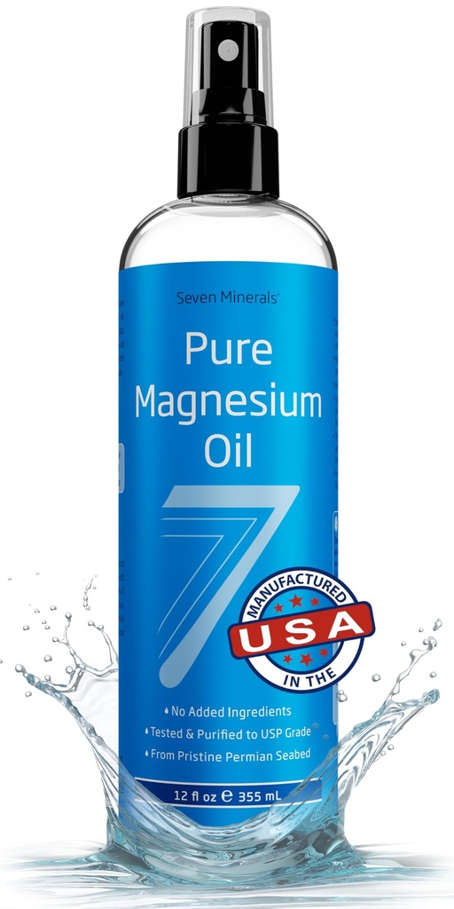 Zeven mineralen Pure Magnesium Oil Spray, Big 12oz, USP Grade, Extra sterkte, voor voeten, slaap, spierpijn en krampen - Mined in The USA
