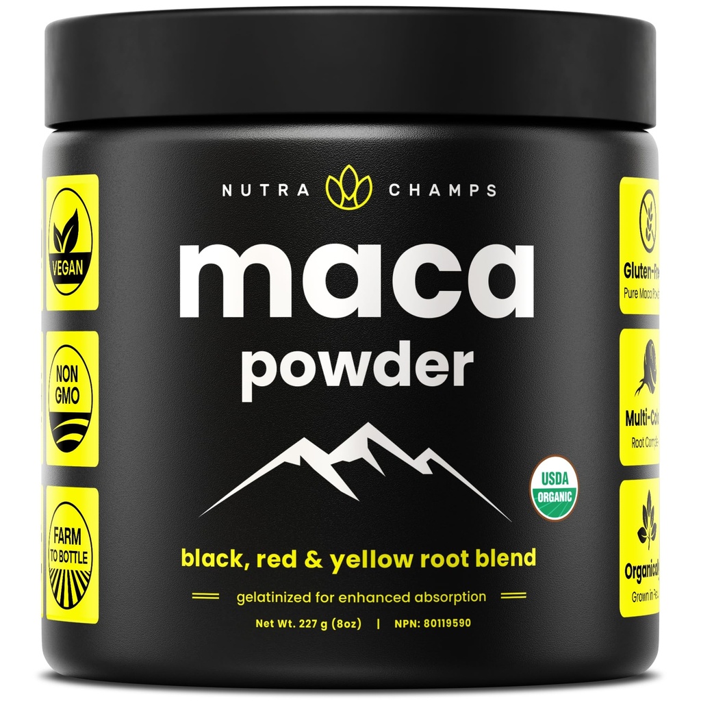Biologische Macapoeder - Peruaans geteelde Maca Blend with Yellow, Black & Red Roots - Gelatiniseerd voor superieure biologische beschikbaarheid - Natural, Vegan & Non-GMO, 8oz