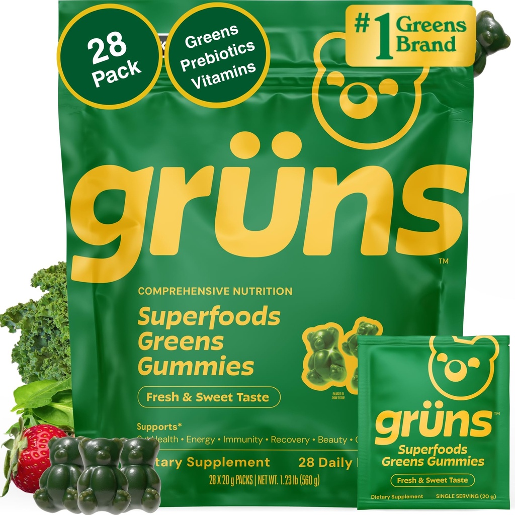 Gruns Adult Super Greens Multivitamine Gummies, Superfood Gummy Vitaminen voor vrouwen en mannen met Spirulina, Chlorella, Adaptogenen & Prebiotic Fiber for Digestive Health (28 Tel.)