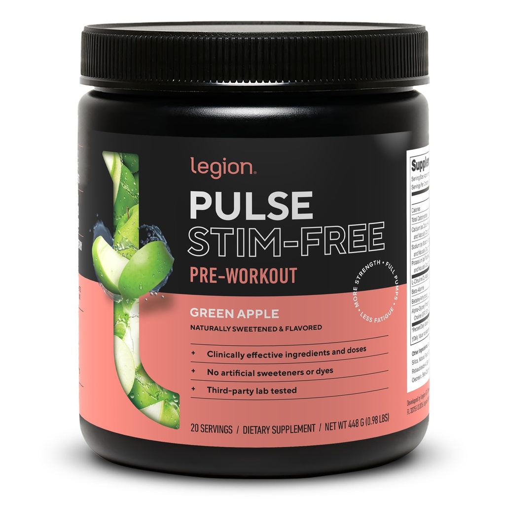LEGION pulse pre workout supplement - alle natuurlijke stikstofoxide preworkout Drink om energie te stimuleren, Createïnevrij, natuurlijk zoet, Beta Alanine, Citrulline, Alpha GPC (Cafeïnevrije groene appel)