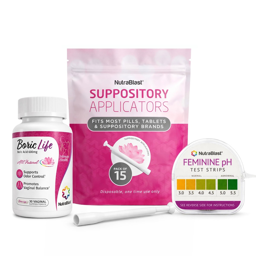 NutraBlast Boorzuur Vaginale Supposities 600mg (30 tellingen) w/Disposible Vaginale Zetpil Appulators (15-pack) en Vrouwelijke pH Test Strips 3,0-5,5 (100 tests Roll)