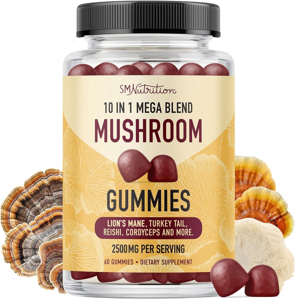 Paddestoel Gummies voor Volwassenen met Leeuwen Mane, Turkije Tail, Reishi, Cordyceps, Chaga & Maitake 