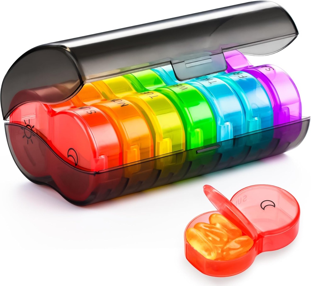 Yaklim Pill Organizer 2 keer per dag, Weekly Pill Box AM PM, Black Privacy Protection Daily Medicine Pill Organizer met grote BPA Gratis pil Case voor het vasthouden van vitaminen, visolie, supplementen (Rainbow)