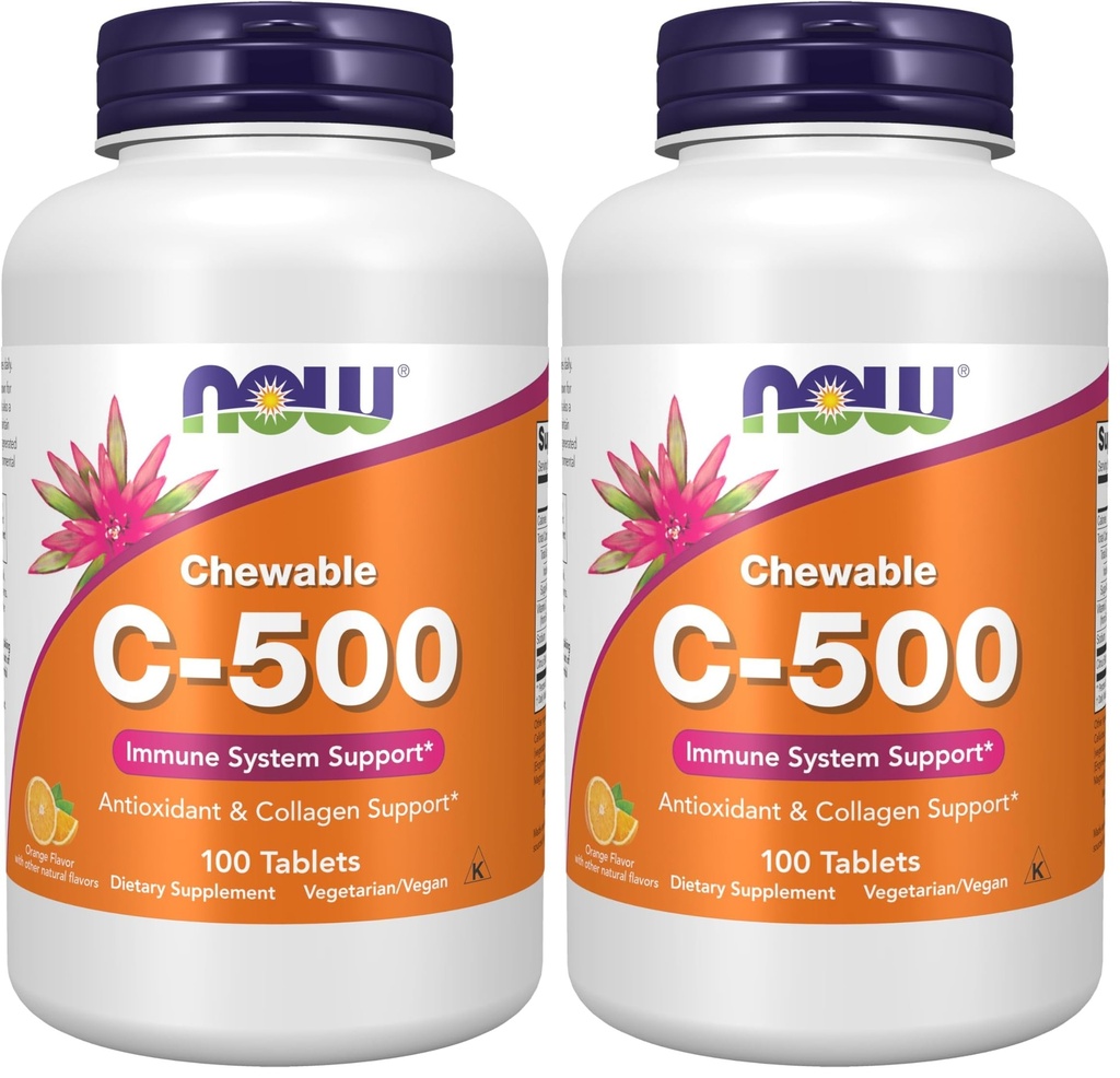 NOW Supplementen, Vitamine C-500, Antioxidant bescherming*, Sinaasappelsap smaak, 100 Kauwbare Lozen (verpakking van 2)