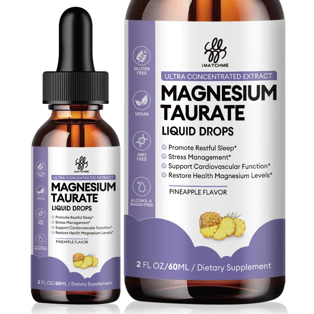 Magnesium Taurate Liquid Drop voor spierfunctie, zenuw- en hartgezondheidsondersteuning, Hoge Absorptie Magnesium Supplement met B6, CoQ10, Vegan, Non-GMO, Gluten/Sugar Vrije Ananas Smaak, 2 Fl Oz
