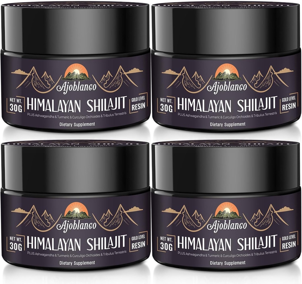 Ajoblanco 600mg Natural Himalaya Organic Shilajit Resin - Himalaya Gold Shilajit Resin met Organic Ayurvedic Blend in High Potency for Energy, Strength & Immunity, Pack of 4