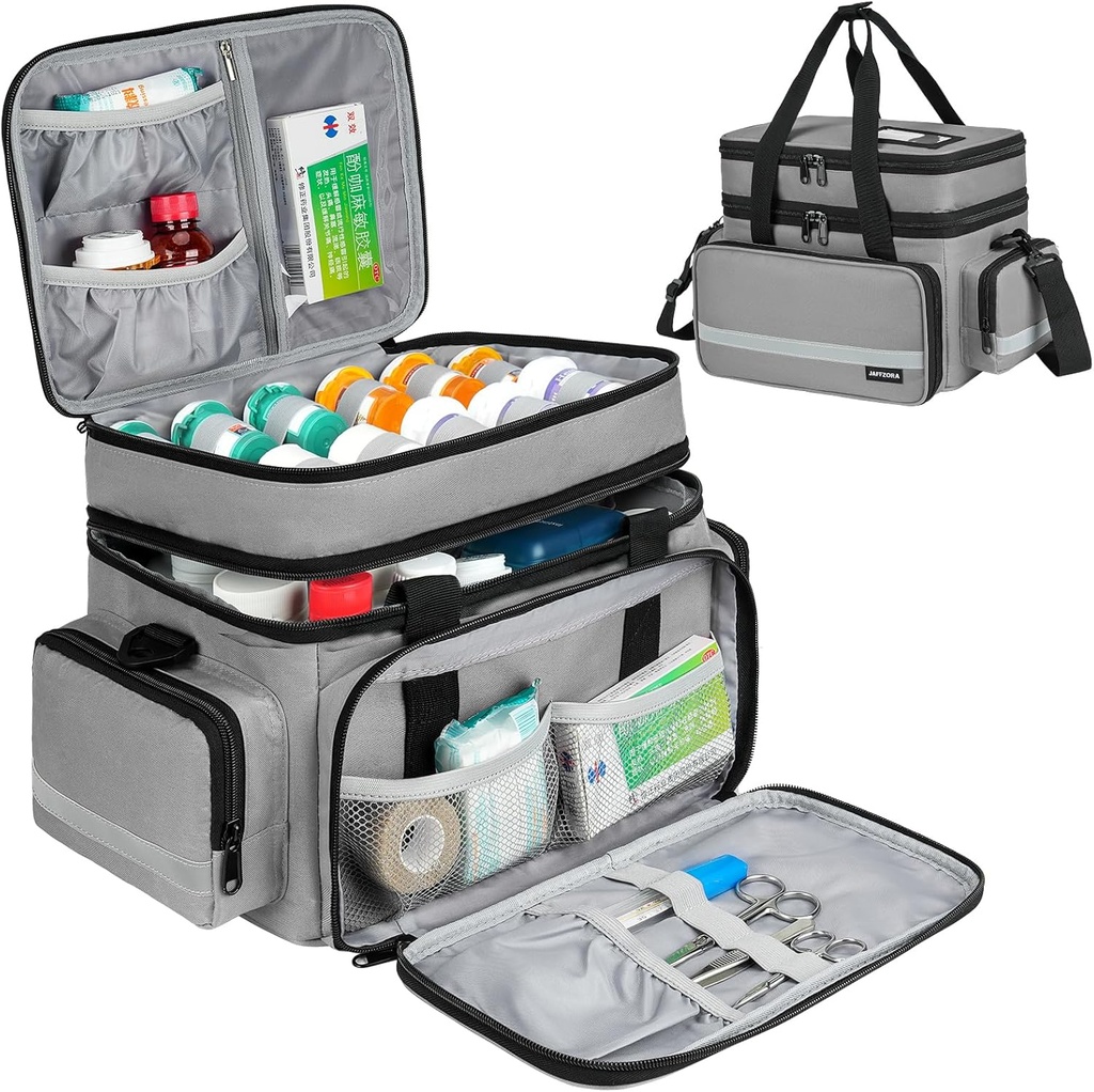 Grote pil Bottle Organizer, Double Layers Medicine Storage Bag met afsluitbare ritsen en schouderband, Medicatie reistas voor recept flessen, vitamines en medische benodigdheden, grijs (alleen zak)