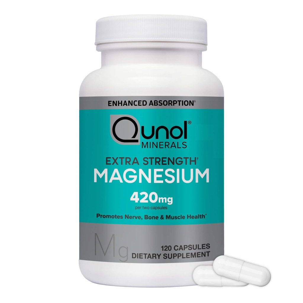 Qunol Magnesium Capsules 420mg, Hoge Absorptie Magnesium Supplement, Extra Sterkte, Bot en Spiergezondheid Supplement, 120 Tel.