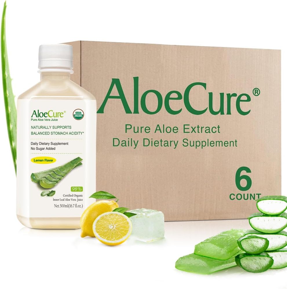 AloëCure USDA Organische Aloë Vera Juice Lemon Flavor - Made within 12 Hours of Harvest - Natuurlijke spijsverteringssupplement voor evenwichtige maagzuur - Ondersteuning Digestieve en Immune Health, 6 Btls x 16.7oz