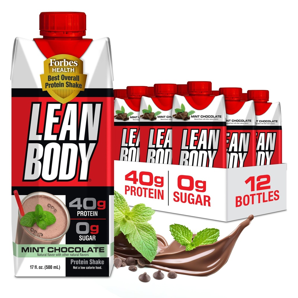 Labrada Lean Body Ready-to-Drink Mint Chocolate Proteine Shake, 40g Proteïne, Wei Blend, 0 Suiker, Glutenvrij, 22 Vitaminen en Mineralen, (Recyclebare Karton & Lid - Verpakking van 12) LABRADA