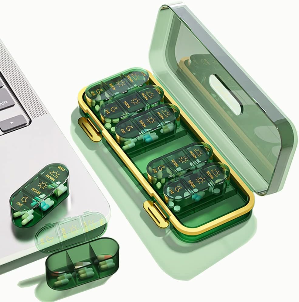 Weekly Pillen Dispensers/Organizer , 3 keer per dag, 7 dagen pil Box/Container, Grote Compartiments Reizen Vocht-Proof Medicine Case voor Visolie Vitaminen Pillen (Transparant Groen)