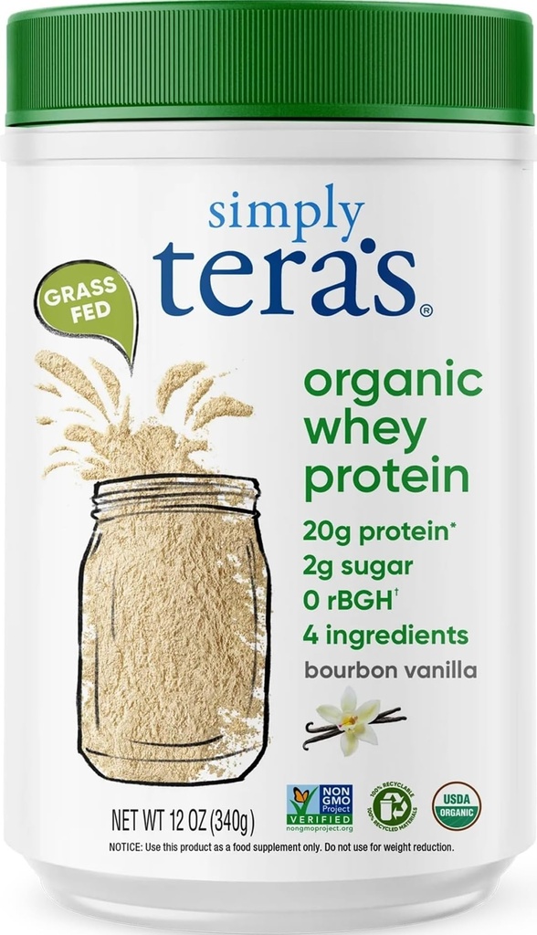 gewoon tera's Biologische Wei Proteïne Poeder - Gras Fed Vanille Wei Proteïne Poeder, Schoon, gemaakt zonder kunstmatige zoetstoffen, Niet-GMO, Kosher, rBGH-Free, Biologische - 12 Oz.