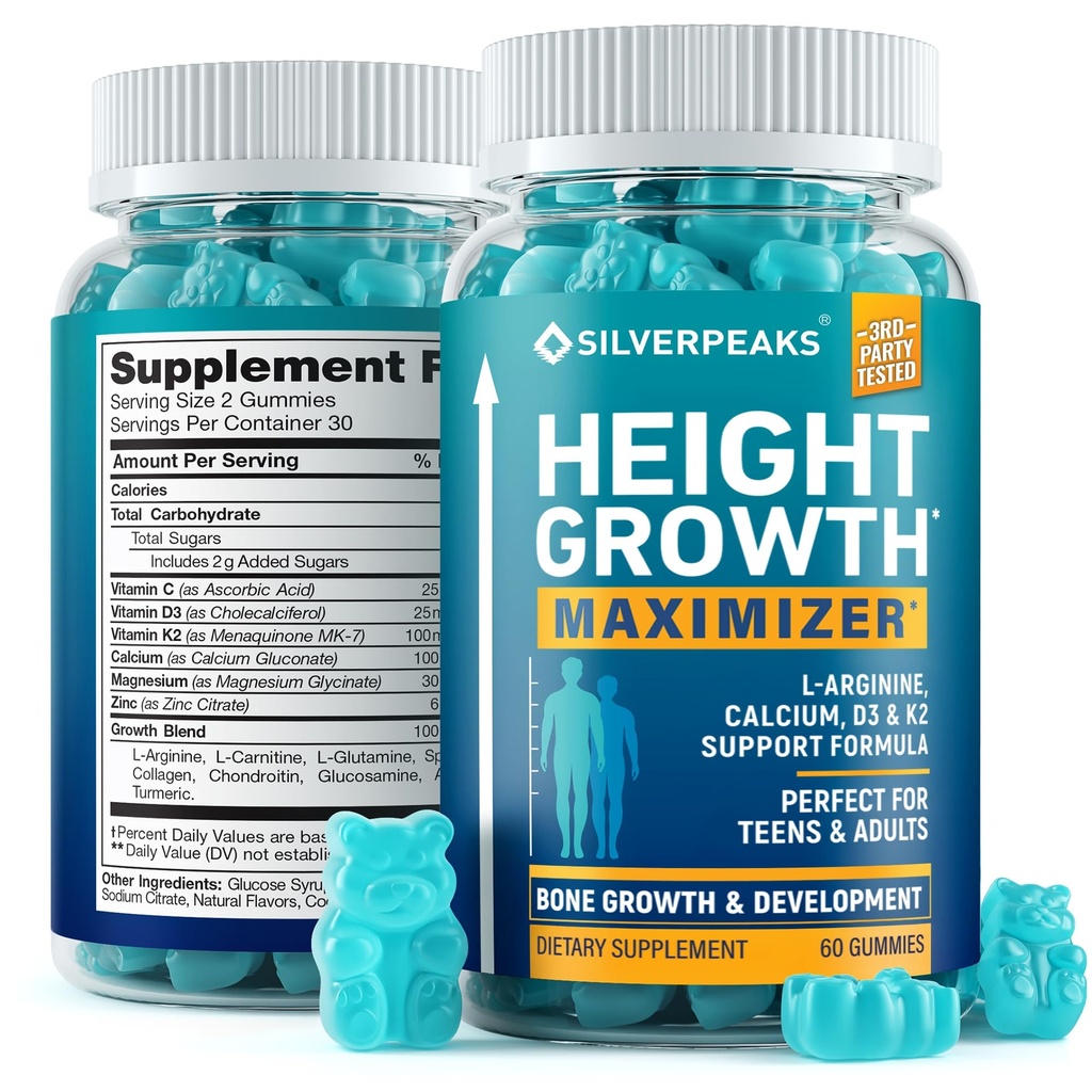 SILVERPEAKS Hoogte Growth Gummies voor kinderen, tieners en volwassenen - Hoogte Growth Maximizer Supplement met Calcium, Vitaminen D3 & K2, Magnesium, Zink voor bot sterkte & hoogte verhoging - 60 Gummy Kauwen