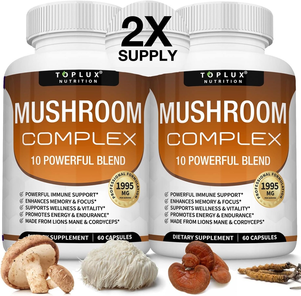 Toplux Mushroom Supplement Lions Mane & Cordyceps Reishi Chaga 10 Biologische Paddestoel Mengen om Immune System, Geheugen, Focus & Clarity en Energie verhogen, voor Mannen Vrouwen, 60 Capsules