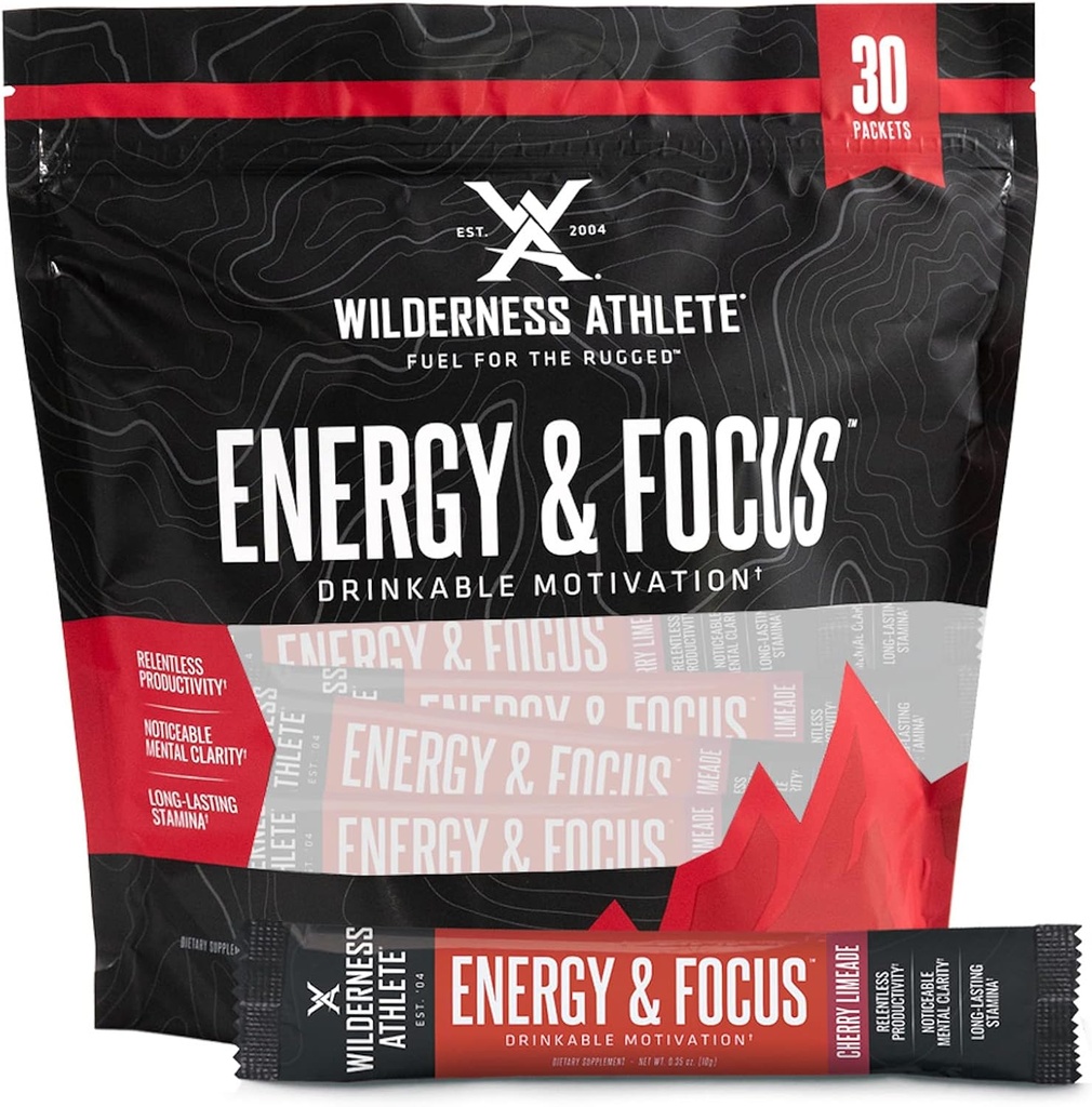 Wilderness Athlete - Energy & Focus | Energy Booster for Women & Men - Energy Drink Mix with Natural Caffeine - Low-Carb, Zero Sugar Energy Drink Powder - 30 Serving Energy Drink Packets (Cherry)