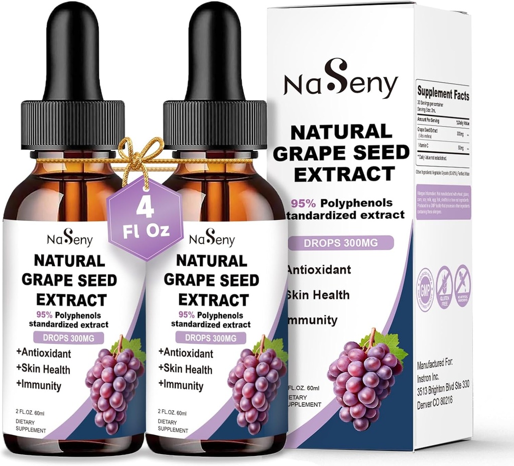 Grape Seed Extract Liquid Drops Gestandaardiseerd tot 95% Polyfenolen-300 mg Grape Seed Maximum Strength Standardized Tinctuur, Hoge Absorptie Liquid Vitis Vinifera Extract Drops -Non-GMO (2 flessen)