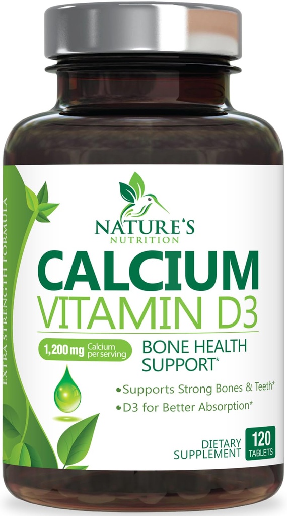 Calciumsupplement met vitamine D3-1200 mg Calcium per portie met D3 voor beste absorptie - Ondersteunt Immune Health, Bones & Teeth - Nature's Calcium is gebotteld in de VS voor vrouwen en mannen - 120 tabletten
