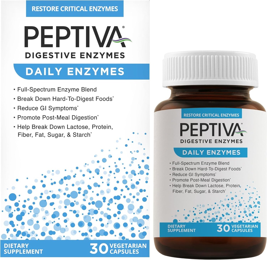 Peptiva Daily Digestieve Enzymes, Full-Spectrum, Daily Digestieve Gezondheid, Ondersteunt Break-Down of Foods & Post-Meal Digestie, 30ct
