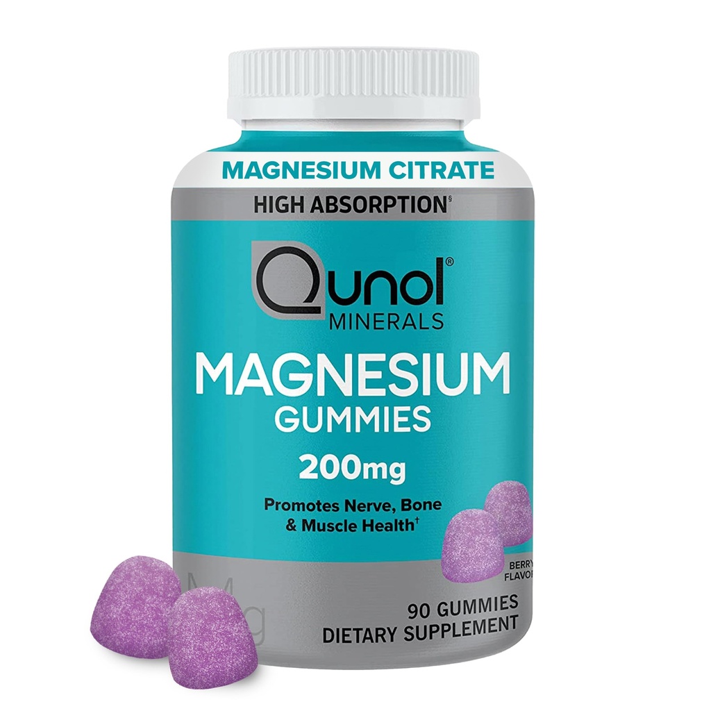 Qunol Magnesium Gummies voor volwassenen, 200mg Elemental Magnesium (vanaf 1.750mg Magnesium Citrate), Hoge Absorptie Magnesium Supplement, Ondersteunt Zenuw, Bot en Spiergezondheid, Vegetarisch, 90 Tellen