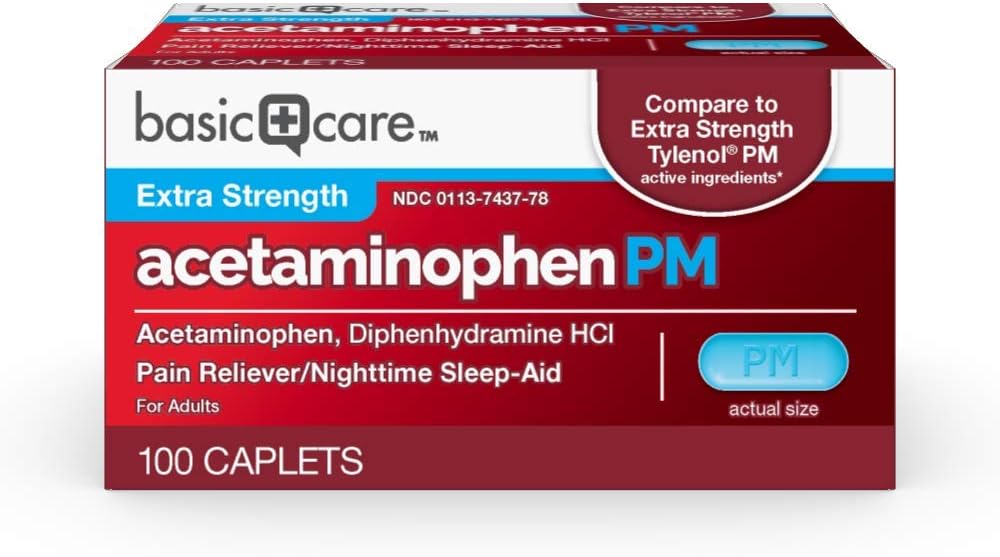 Basic Care Acetaminophen PM, Pain Reliever Plus Nighttime Slaaphulp Caplet, 100 Tellen