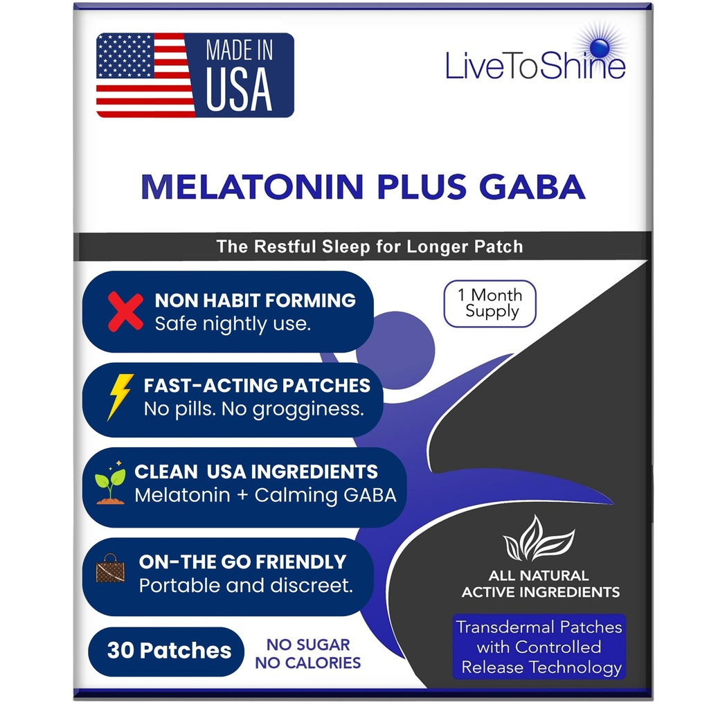 Live te Shine Melatonine Patches voor Slaap - Plus GABA om Bezige Hersenen te kalmeren Snel - Perfecte Combo voor mannen en vrouwen - Slow Release - 30 Patches - USA Made