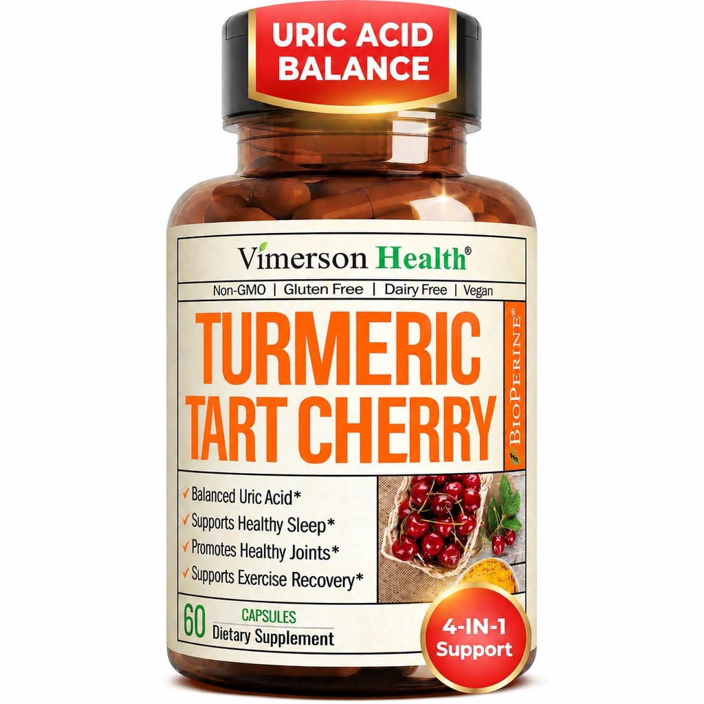 Kurkuma Curcumine supplement met 10:1 Tart Cherry Extract & Selderij Zaad Extract - Natuurlijke Uric zuurbalans, Joint Health & Slaaphulp - Kurkuma Curcumin met zwarte peper. 60 Tart Cherry Capsules