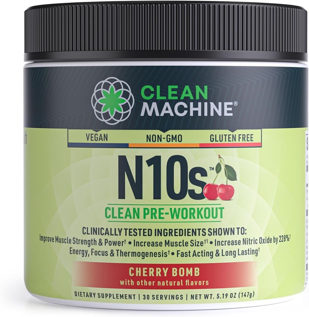 CLEAN MACHINE N10s Plant-based pre-workout poeder - Vegan Energy Supplement met 3 klinisch geteste gepatenteerde ingrediënten voor spiergrootte, sterkte, pomp & endurance - Non-GMO, 30 porties