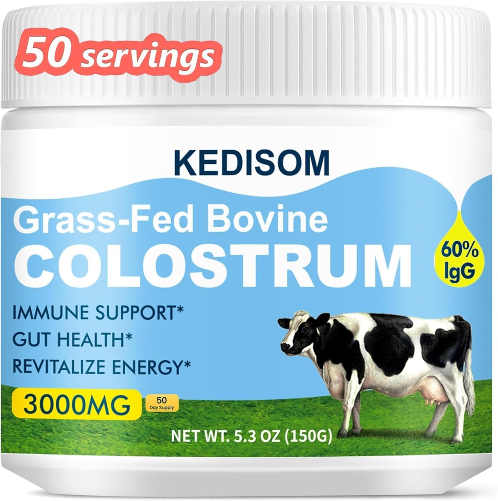 Gras-Fed Bovine Colostrum Supplement Powder - 60% Hoge IgG 3000 mg voor Gut Health, Immune Support - Eenvoudig te mengen Natuurlijke Liposomale Colostrum Superfood, Unflavored, 50 Servings