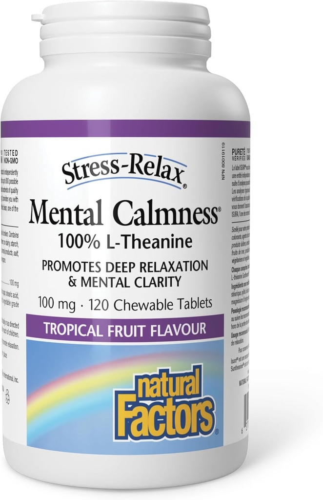 Stress-Relax Kauwbare Suntheanine L-Theanine 100 mg door natuurlijke factoren, Niet-Drowsy Stress Ondersteuning voor geestelijke rust en ontspanning, Tropische Fruit smaak, 120 tabletten