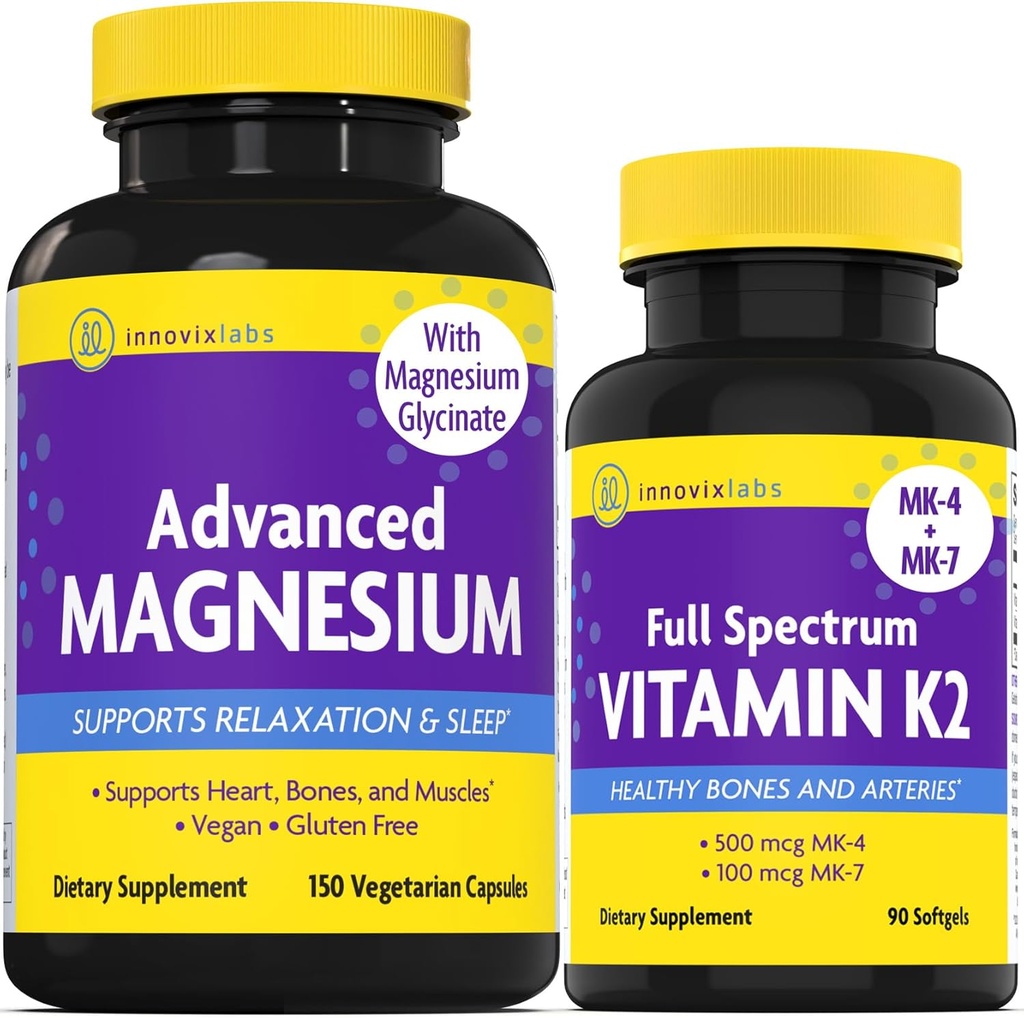 InnovixLabs Vitamine K2 & Magnesium Bundle Full Spectrum Vitamine K2 (90 softgels) Geavanceerde Magnesium (150 Time-Release Capsules). Ondersteunt gezonde Bones & Arteries. *