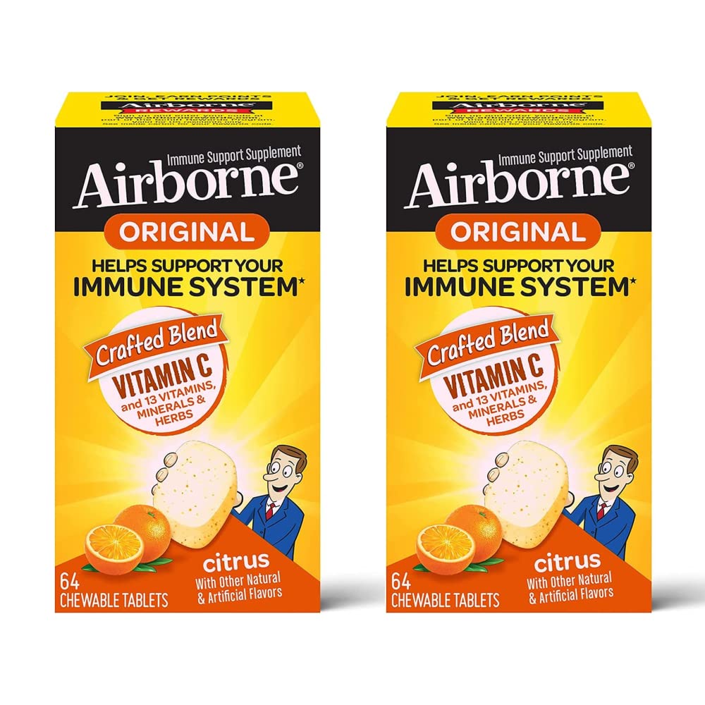 Airborne Vitamine C 1000mg (per portie) - Citrus Kauwtabletten (64ct/box), Glutenvrije Immune Support Supplement, Vitaminen A C E, ZInc, Selenium, Echinacea, Gember, Antioxidanten (2-pack)