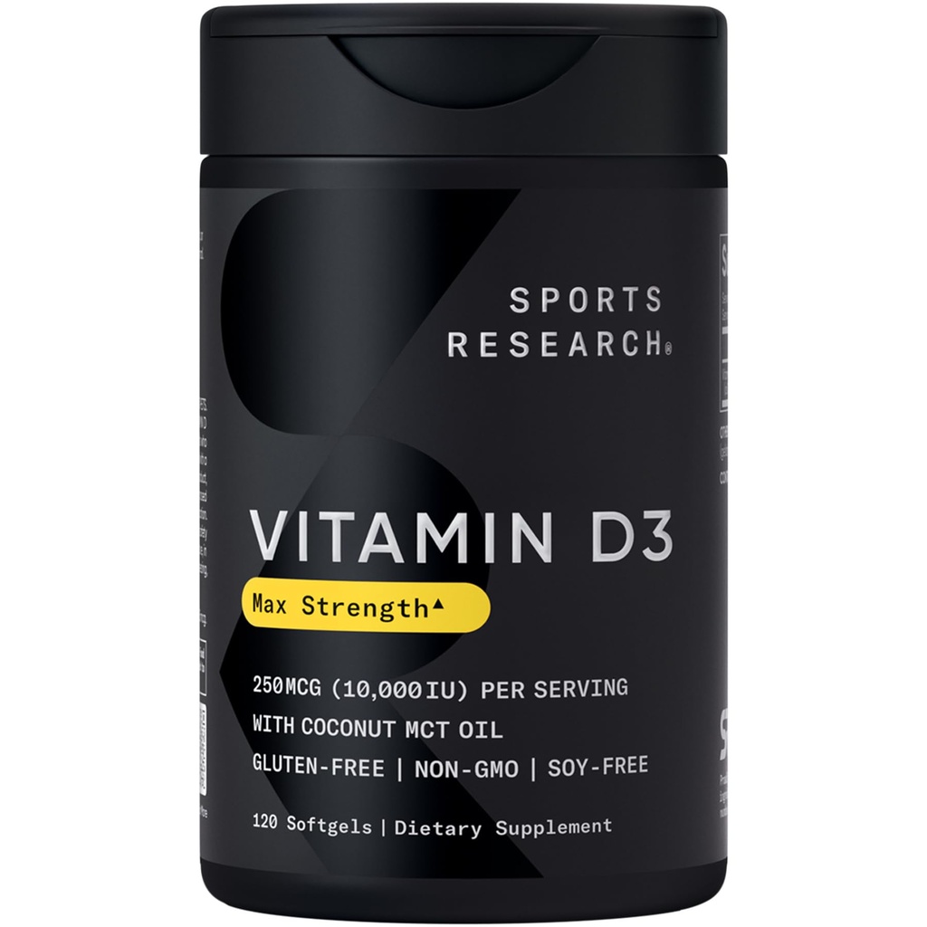 Sportonderzoek 10.000 iu vitamine D3 Supplement met biologische kokosolie - vitamine D voor sterke botten & Immune Health - Ondersteunt Calcium Absorptie - Non-GMO - 250 mcg, 120 Mini Softgels voor volwassenen