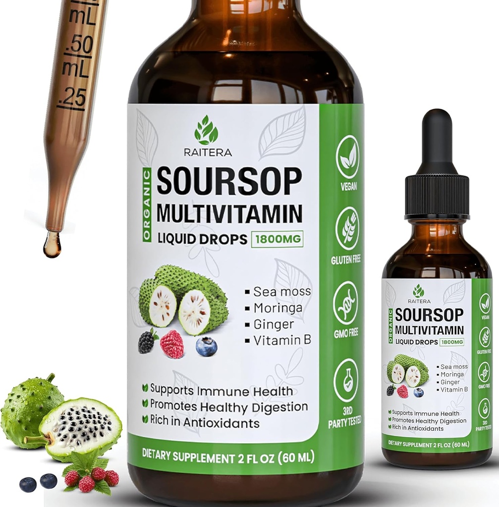 Soursop Graviola Multivitamine Liquid Drops 1800mg, Biologische Soursop Bitters Liquid, Antioxidant Blend Sea Moss, Vitamine B6, C, D3, Pure Leaf Extract, Immunity Support, 98% Absorptie, Vegan, 2 fl oz