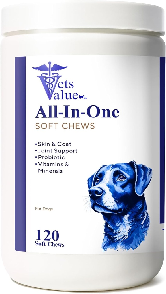 Honden Multivitamine Kauwen (120 Zachte Kauwen) - All-in-One Vitaminen voor honden van alle leeftijden, maten & Rasen Ondersteunt Immuniteit, Decompenserende Gezondheid, Huid, Coat Gezamenlijke Gezondheid met Glucosamine, Omega vetzuren