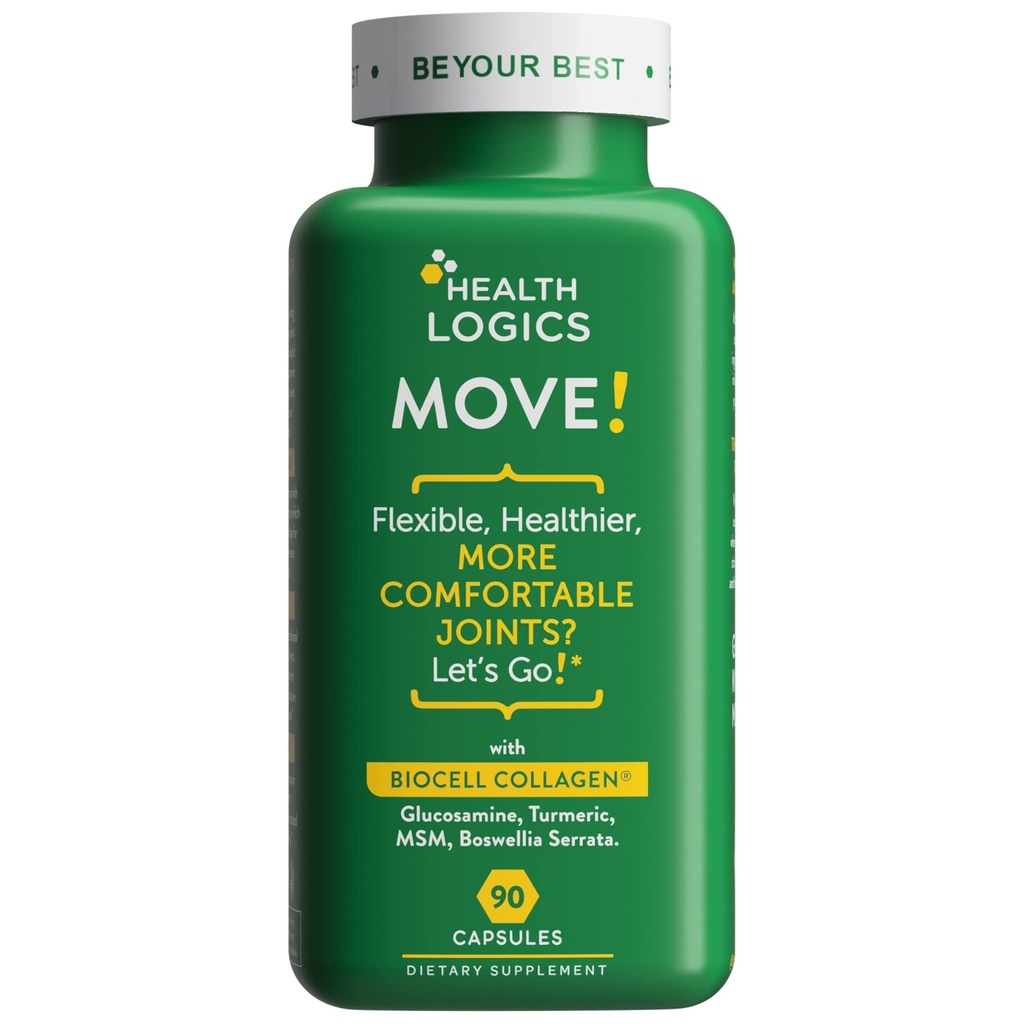 Health Logics Move! Healthy Joints with BioCell Collagen, Glucosamine, MSM, Vitamin C, Turmeric Extract 95% Curcuminoids, Boswellia Serrata | Support Joint Comfort | Non-GMO | 90 Capsules