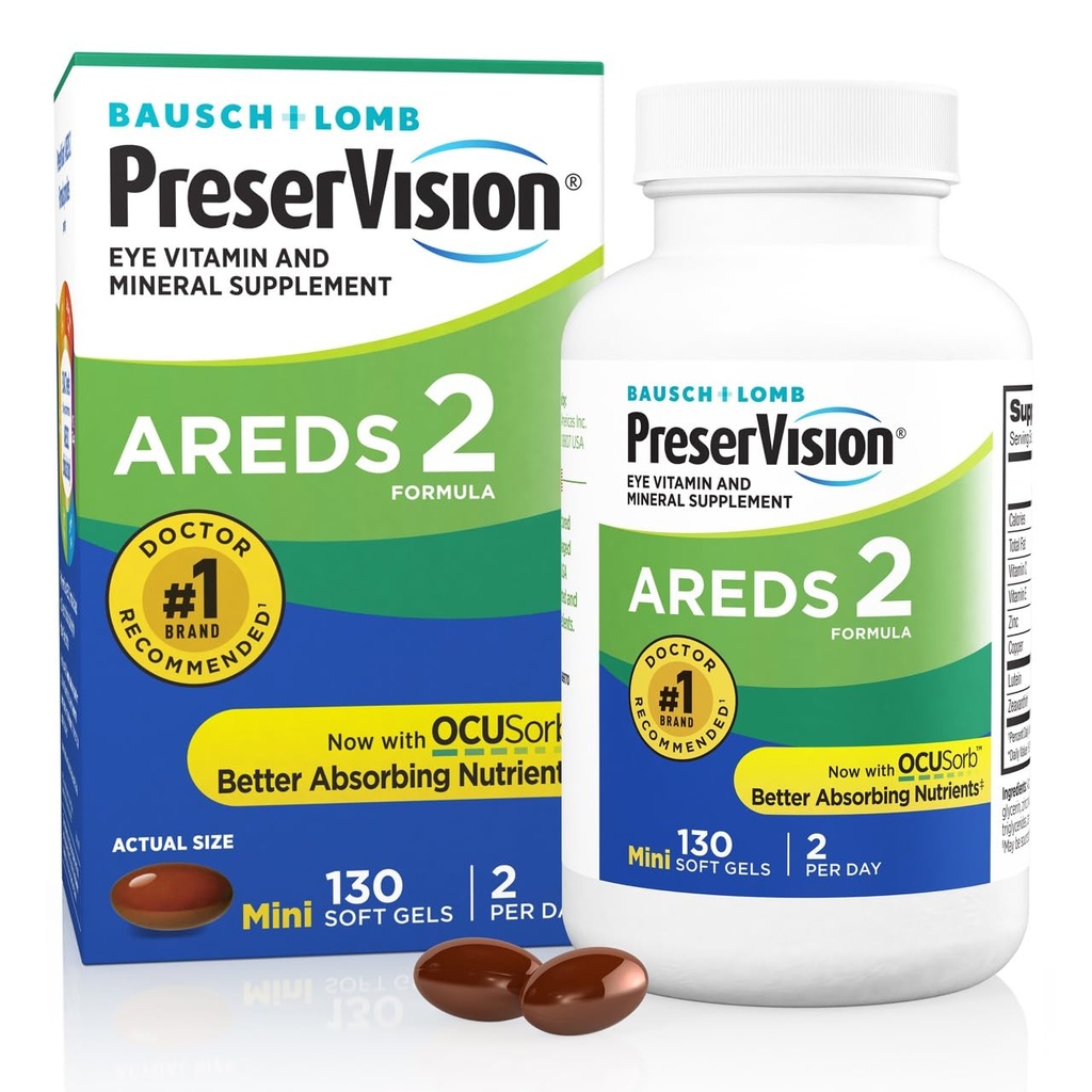 PreserVision AREDS 2 Oogvitaminen, #1 Oogarts Aanbevolen Merk, Luteïne en Zeaxanthine Supplement met Vitamine C, Vitamine E, Zinc, en Koper, 130 Softgels (Minigels)